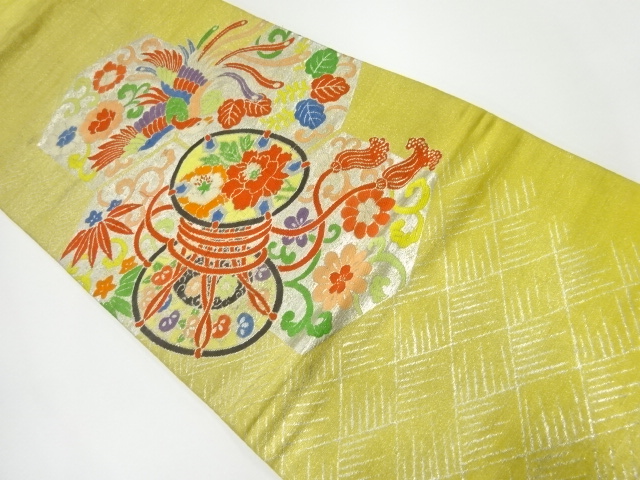 アンティーク　鳳凰に鼓・花唐草模様織出し名古屋帯（材料）